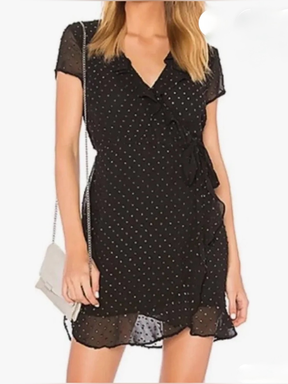Bardot Black Swiss Dot Ruffle Wrap-Style Mini Dress, Size 10